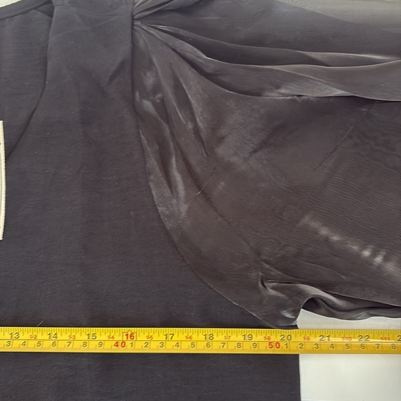 Easel black v-neck sheer shiny 3/4 sleeve mixed media rounded hem blouse shirt - Picture 14 of 16